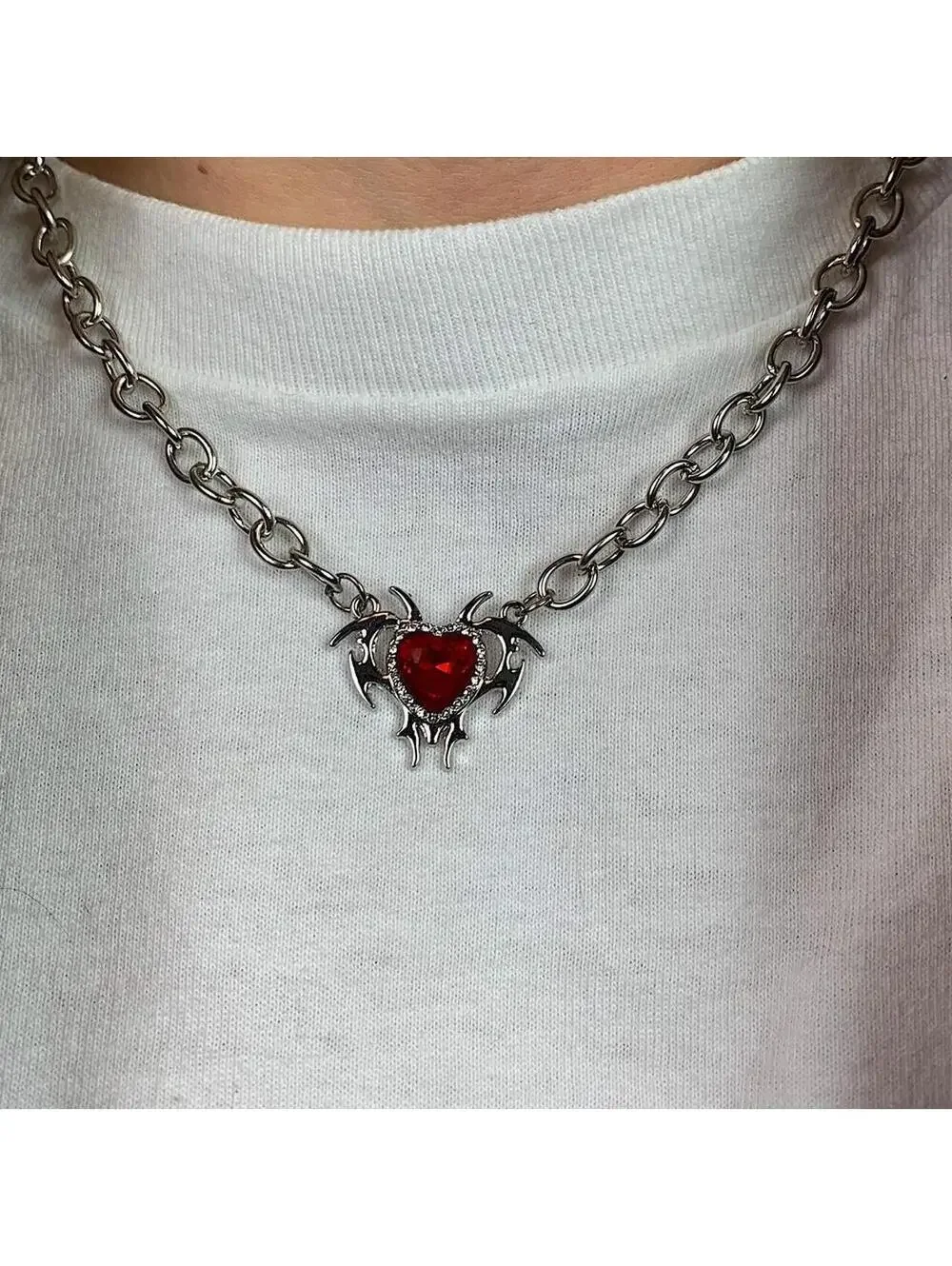 Cyber Red heart shaped opal love pendant thick chain y2k 2000s opium style neckl